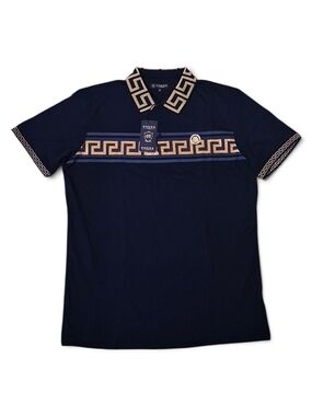 Huk Navy Polo with Gold Greek Key Trim